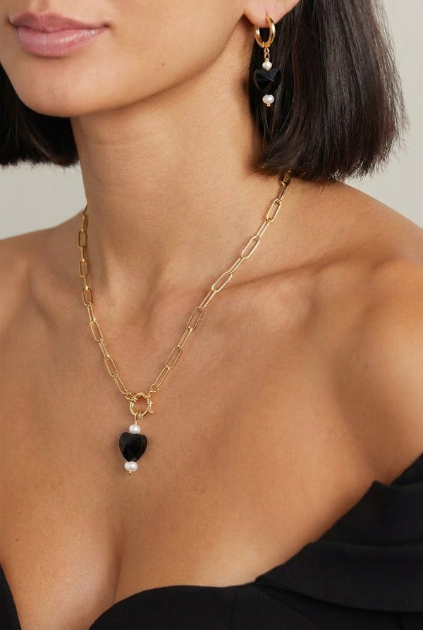 Gold Heart Pendant Necklace & Hoop Earrings Set