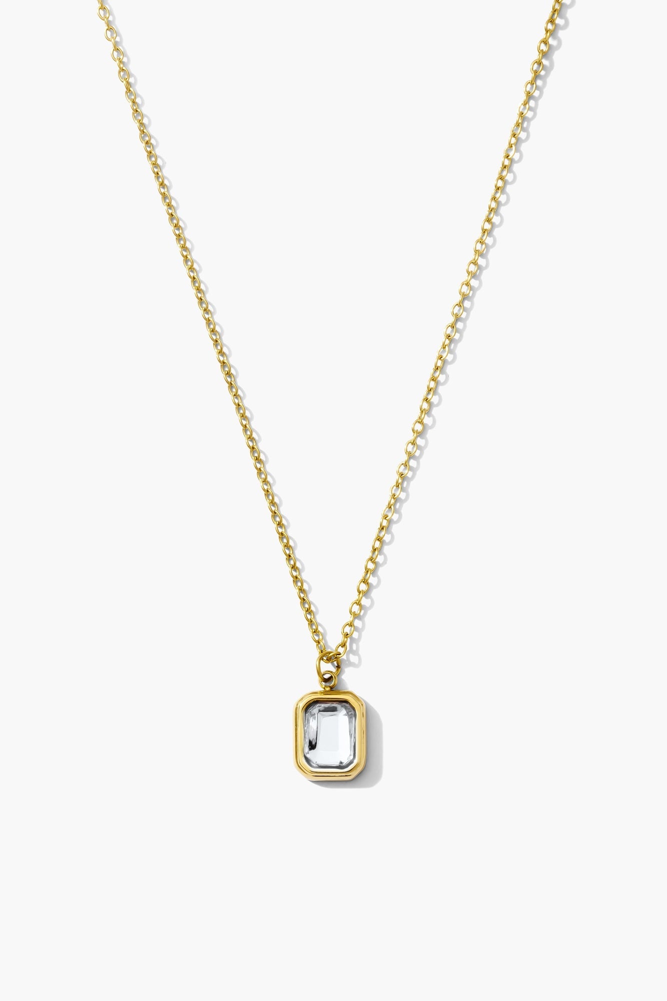 April diamond birthstone necklace, clear emerald-cut stone on an 18K gold plated chain
