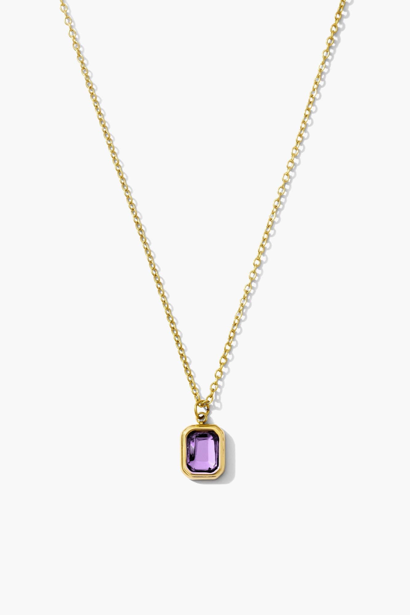 February amethyst birthstone necklace, purple emerald-cut stone on an 18K gold plated chain