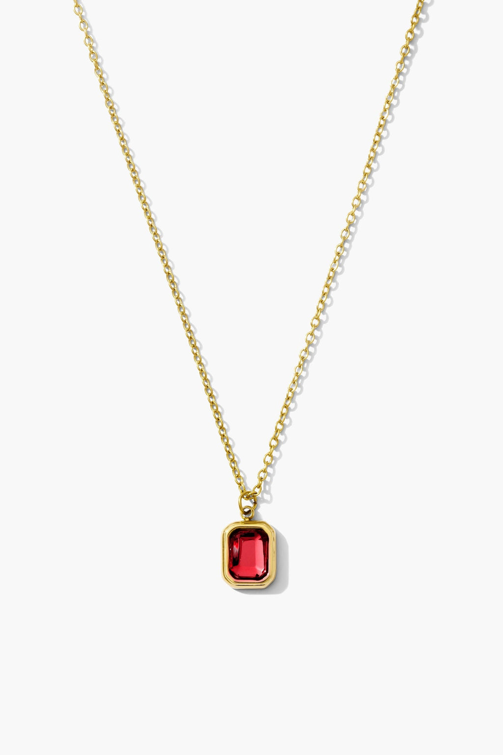 January garnet birthstone necklace, deep red emerald-cut stone on an 18K gold plated chain