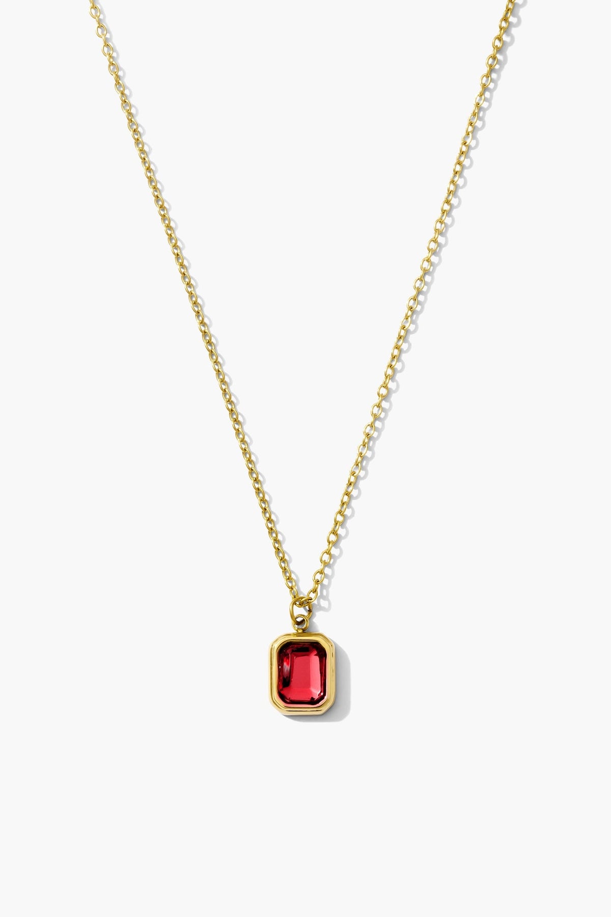 January garnet birthstone necklace, deep red emerald-cut stone on an 18K gold plated chain