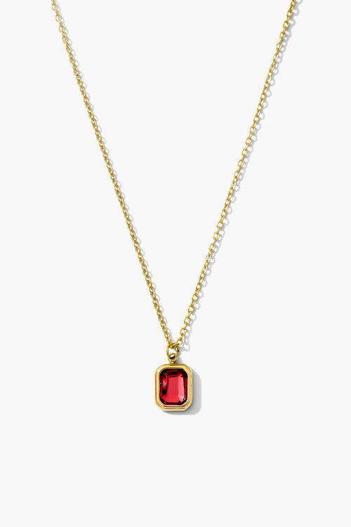 January garnet birthstone necklace, deep red emerald-cut stone on an 18K gold plated chain