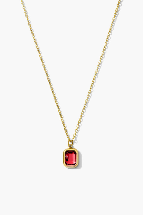 January garnet birthstone necklace, deep red emerald-cut stone on an 18K gold plated chain