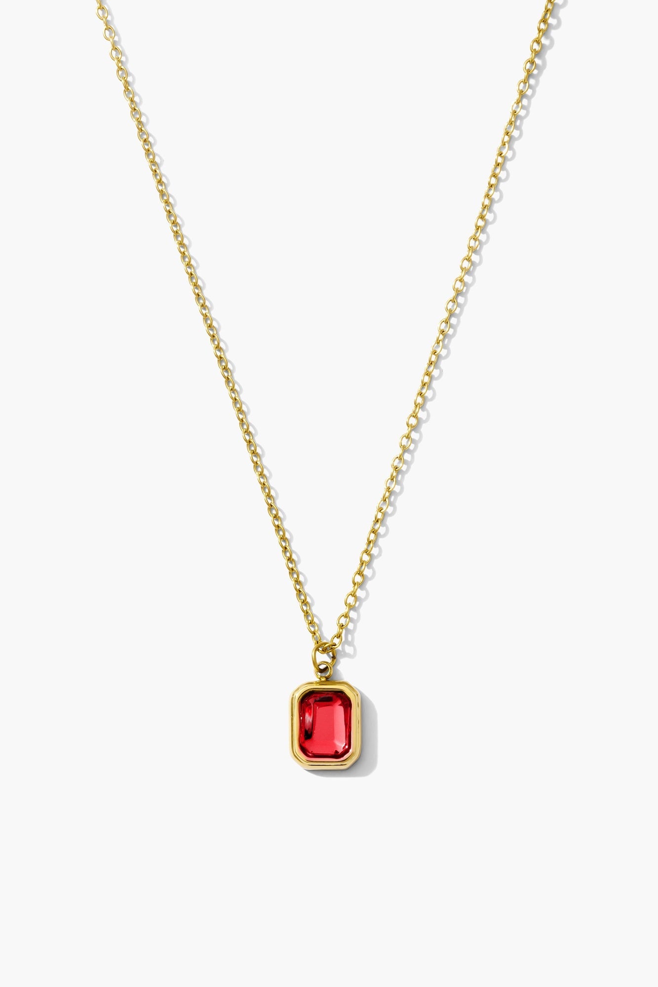 July ruby birthstone necklace, red emerald-cut stone on an 18K gold plated chain