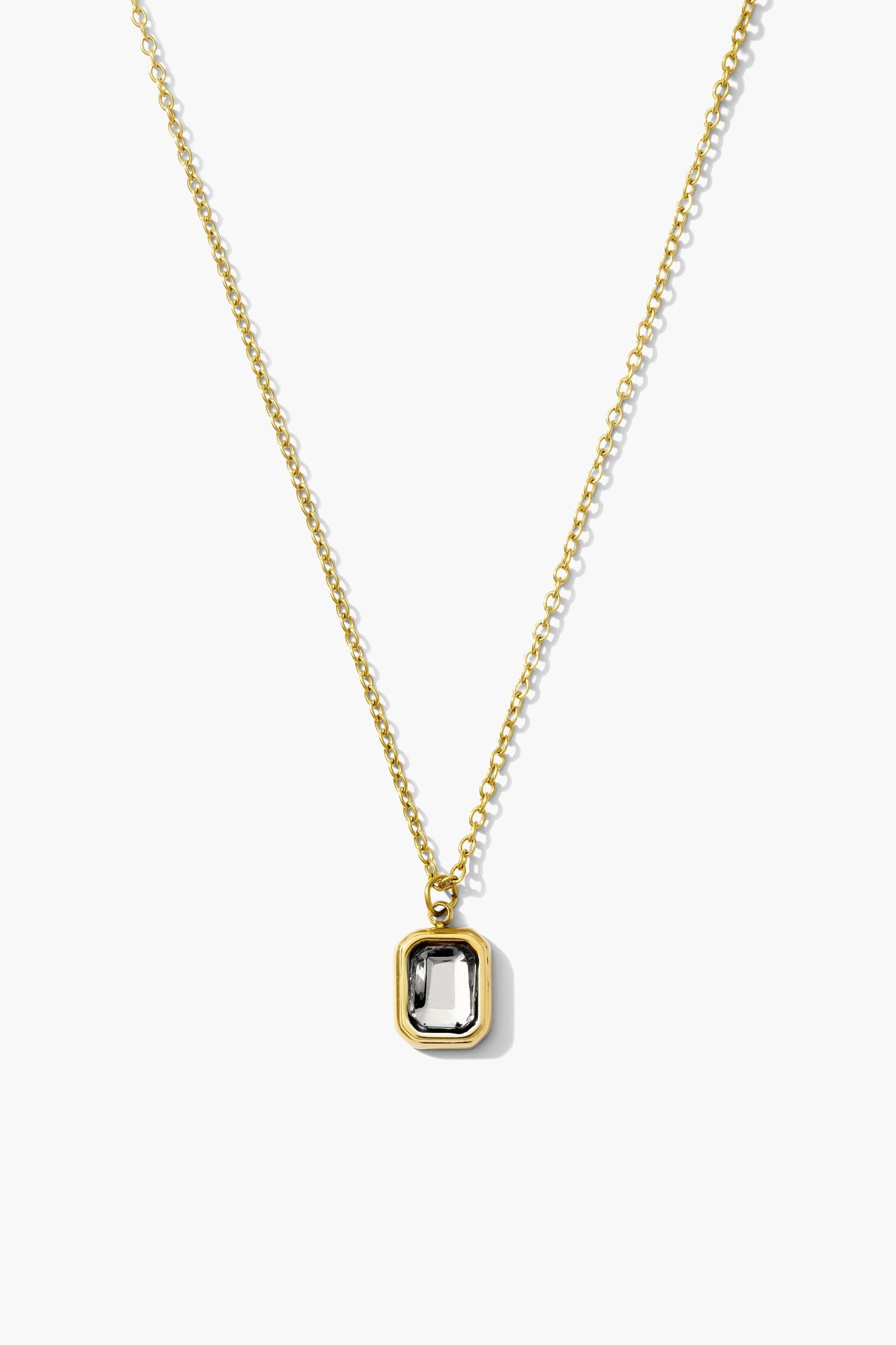 June moonstone birthstone necklace, soft grey emerald-cut stone on an 18K gold plated chain