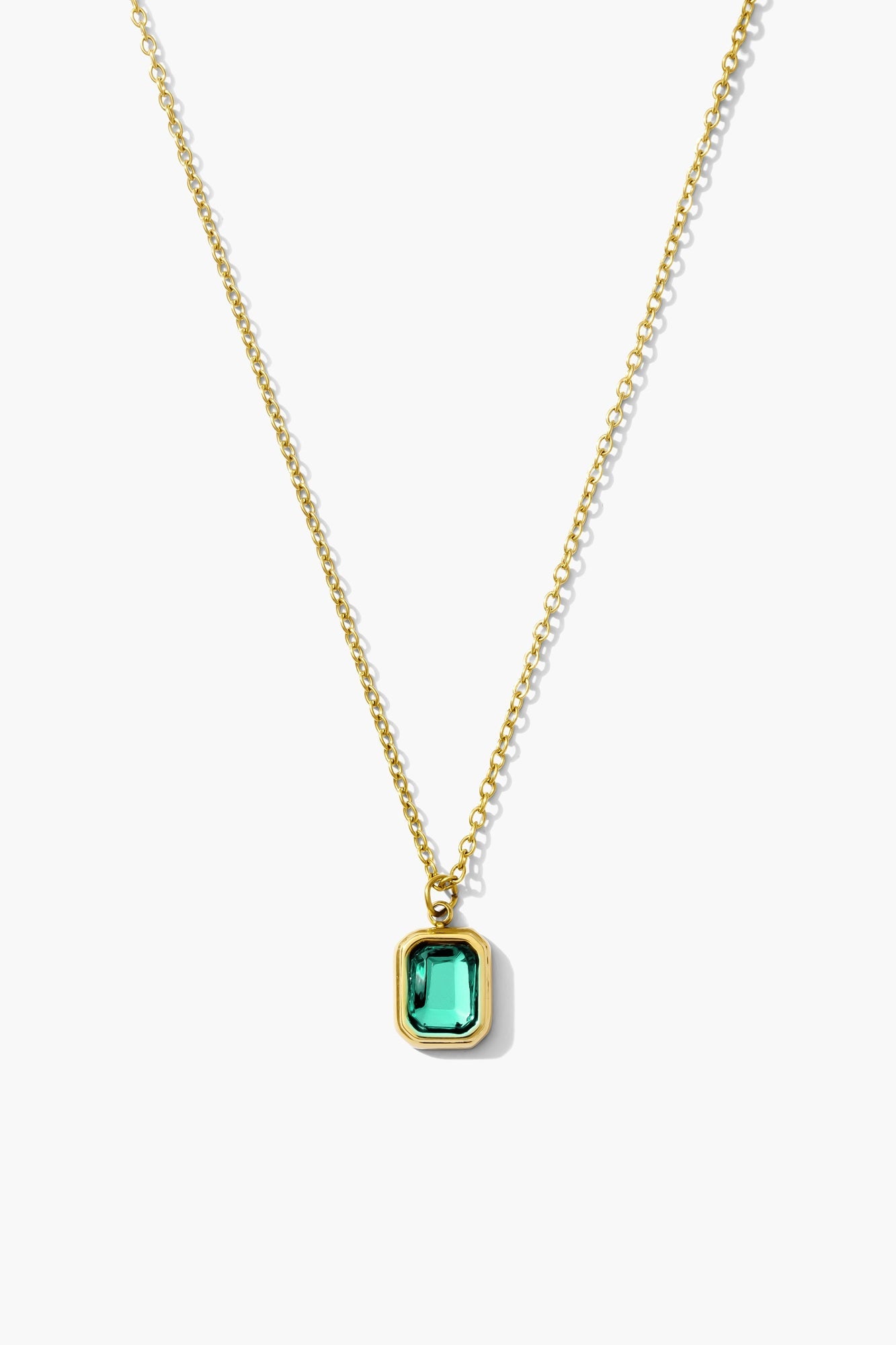 May emerald birthstone necklace, deep green emerald-cut stone on an 18K gold plated chain