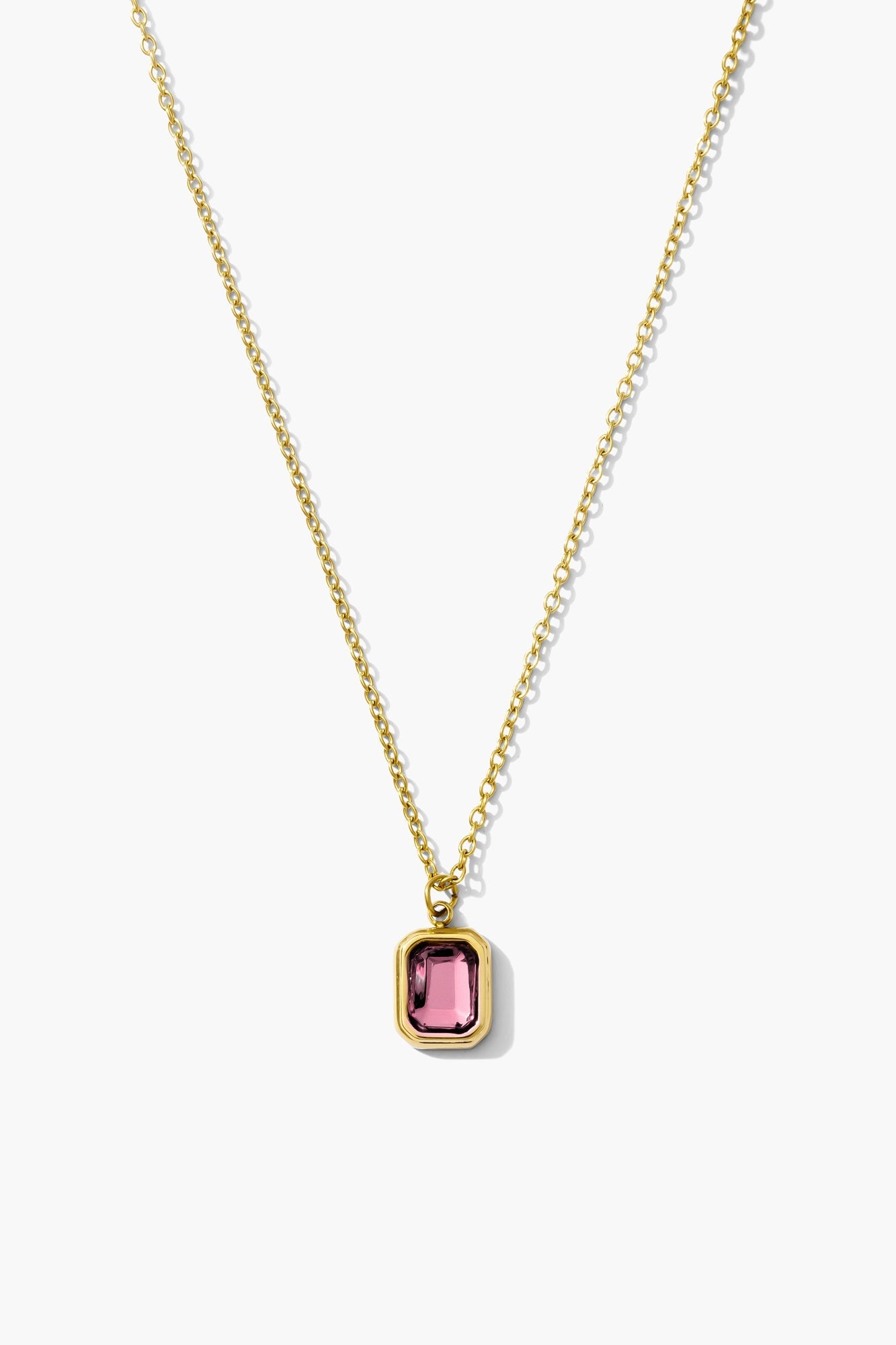 October tourmaline birthstone necklace, pink emerald-cut stone on an 18K gold plated chain