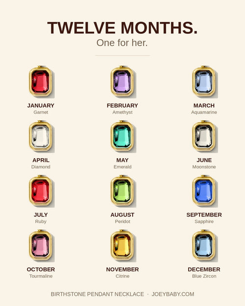 All twelve Joey Baby birthstone necklaces in 18K gold plating, one for every month