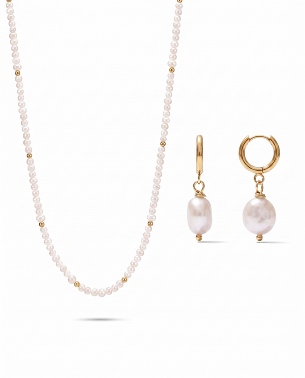 Emili & Pete Pearl Necklace & Earrings Set – 18K Gold