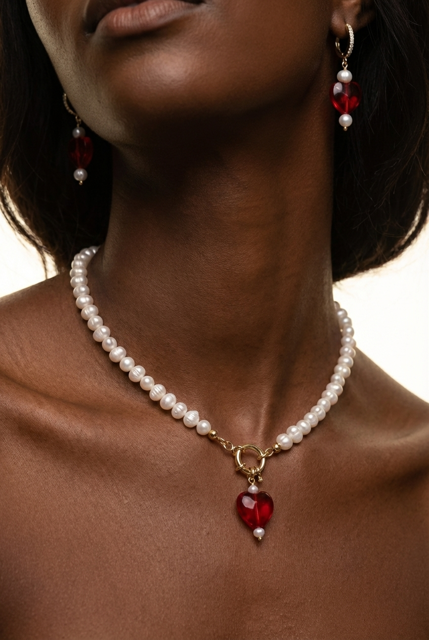 Kokoro Pearl Necklace & Heart Earrings Gift Set