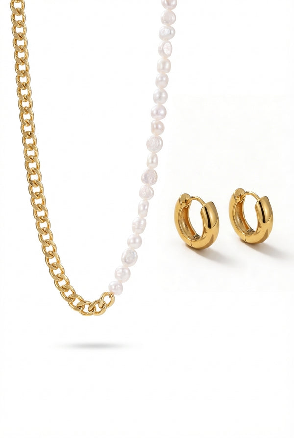 Lauren Pearl Necklace + Antoni Earrings Set | Gold