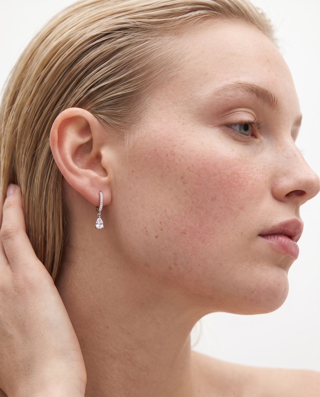Teardrop Cubic Zirconia Huggie Drop Earrings – Rhodium Plated