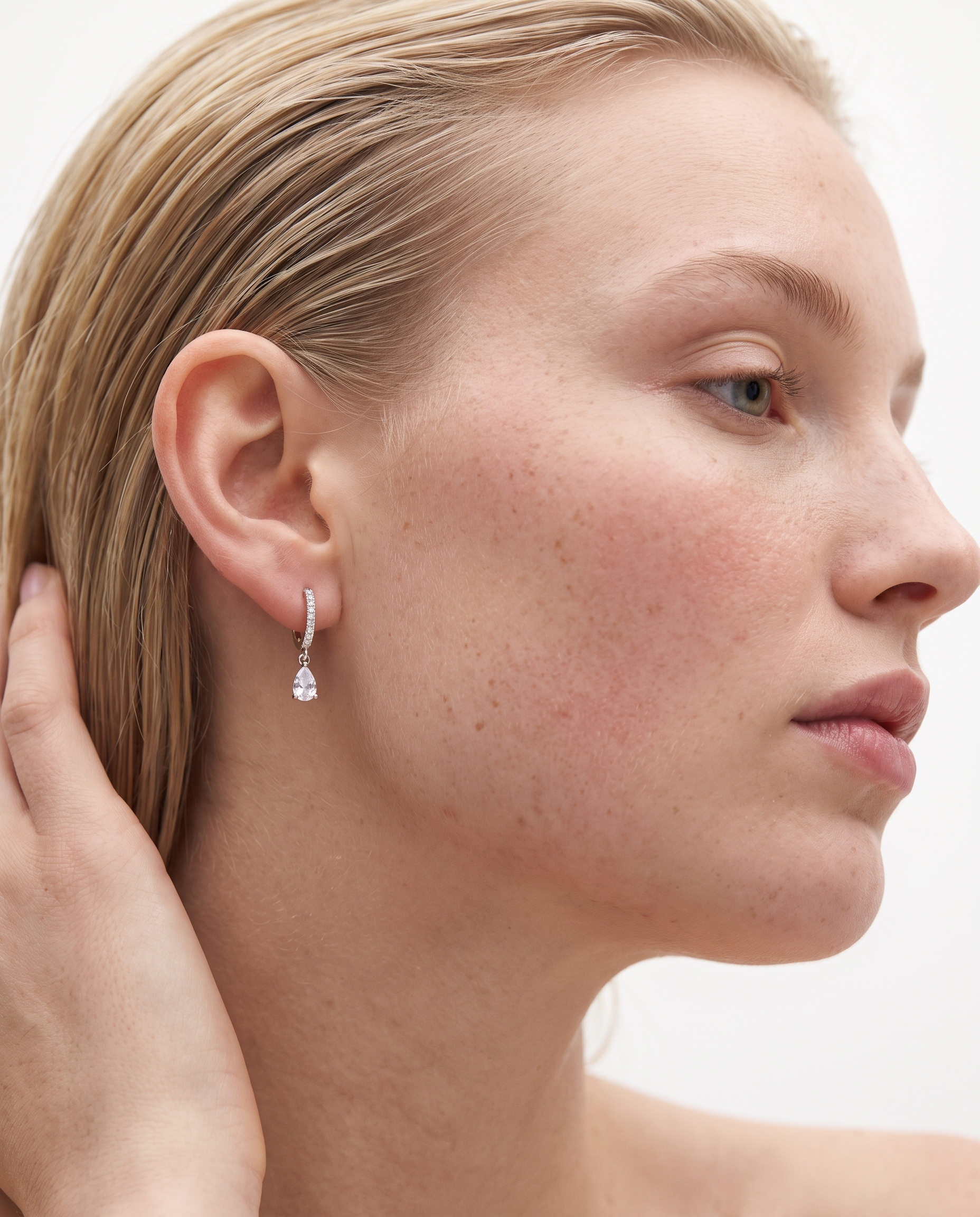 Teardrop Cubic Zirconia Huggie Drop Earrings – Rhodium Plated
