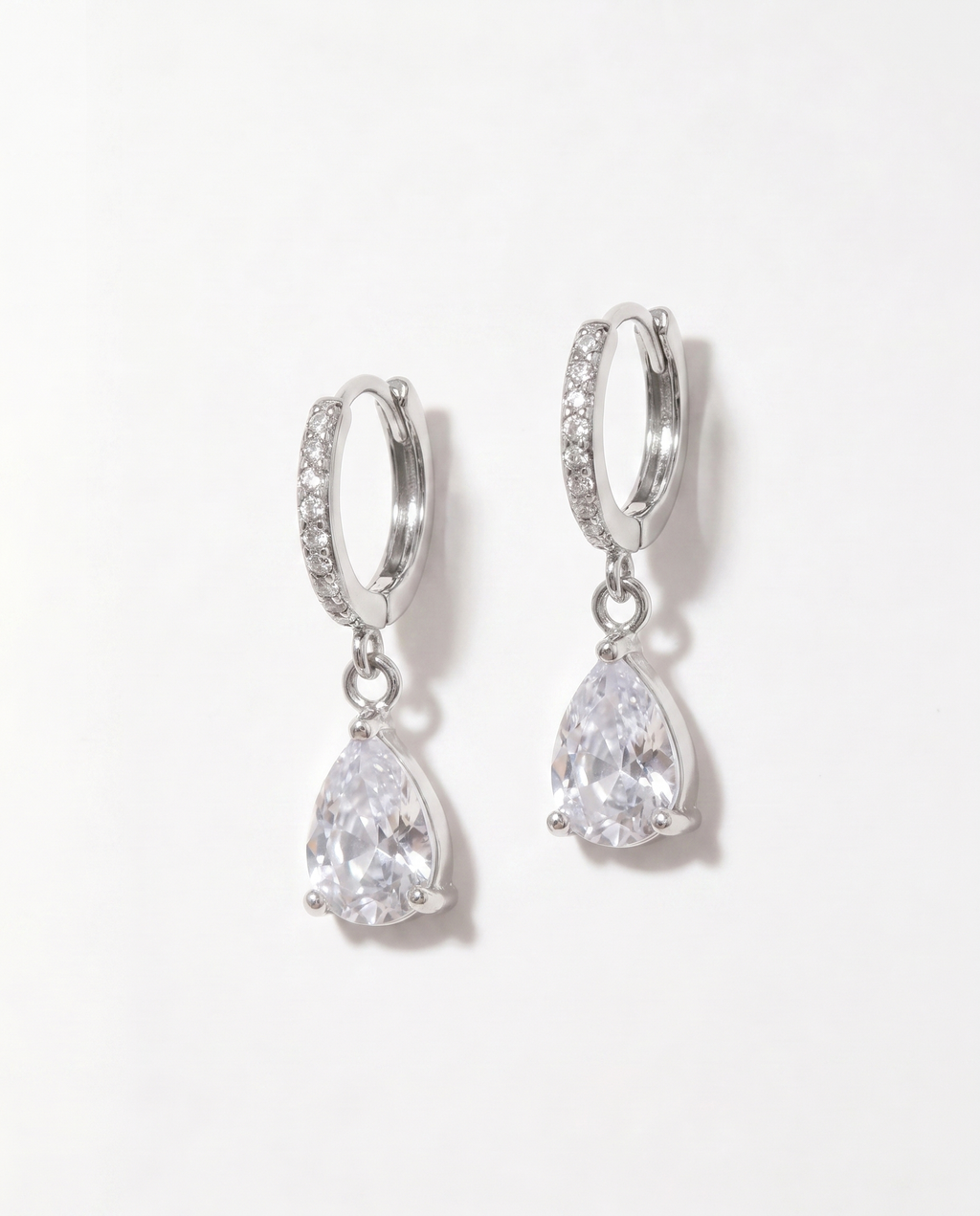 Teardrop Cubic Zirconia Huggie Drop Earrings – Rhodium Plated