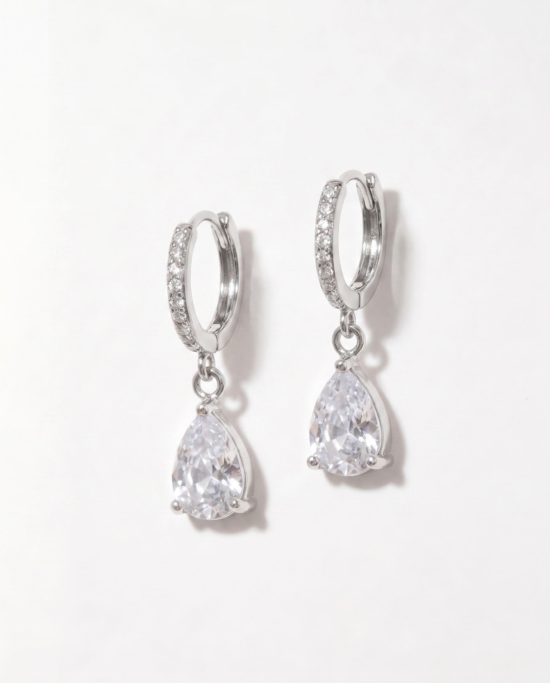 Teardrop Cubic Zirconia Huggie Drop Earrings – Rhodium Plated