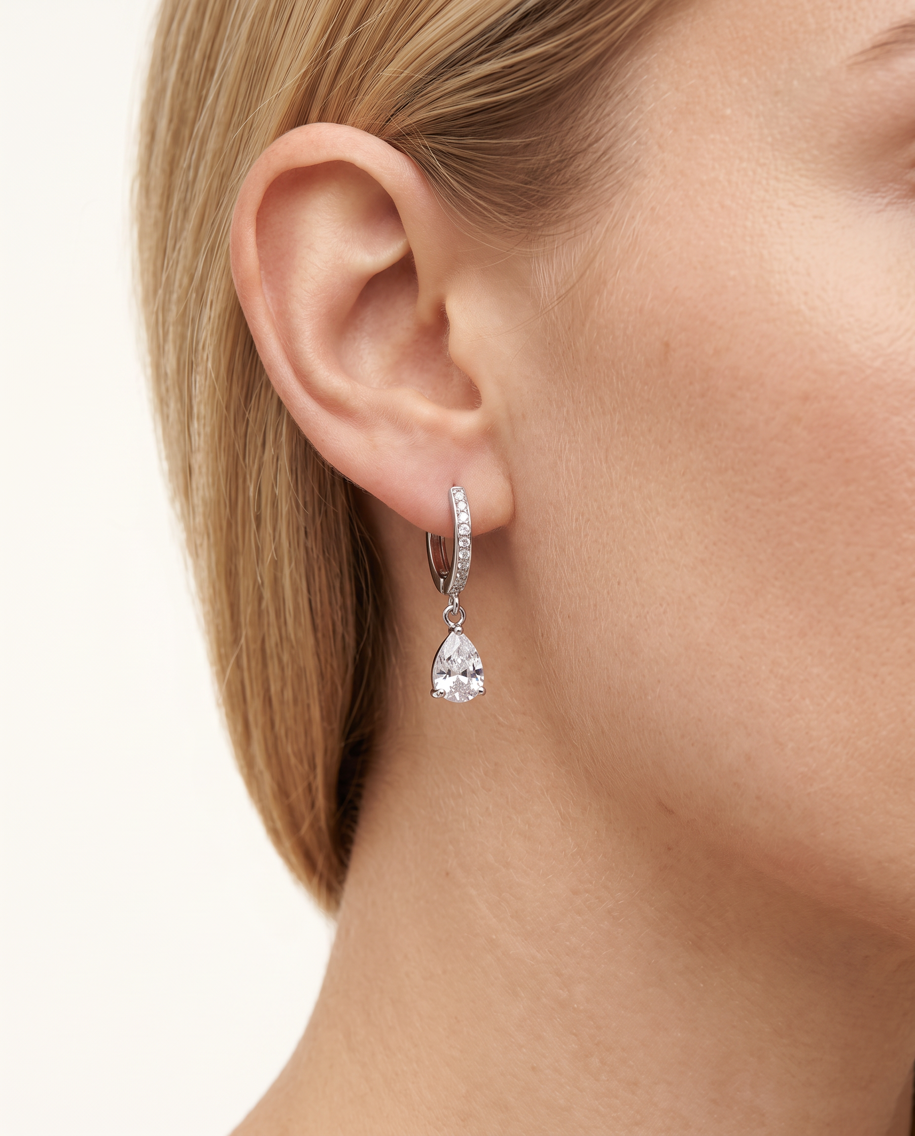 Teardrop Cubic Zirconia Huggie Drop Earrings – Rhodium Plated