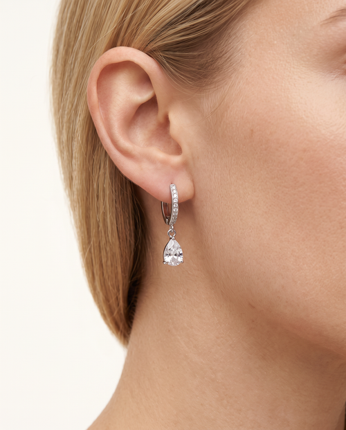 Teardrop Cubic Zirconia Huggie Drop Earrings – Rhodium Plated