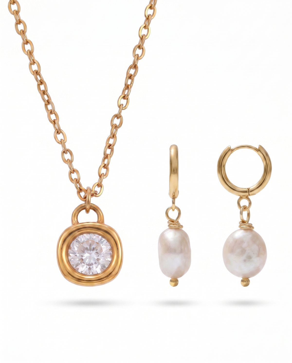 Zircon Pendant Necklace + Pete Pearl Drop Earrings Set – Gold