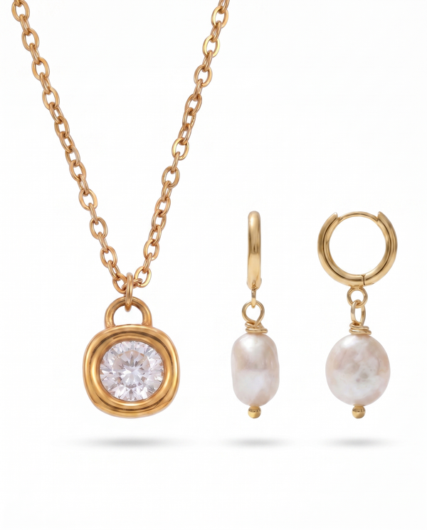 Zircon Pendant Necklace + Pete Pearl Drop Earrings Set – Gold