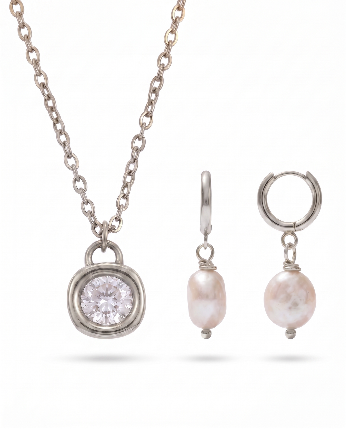 Zircon Pendant Necklace + Pete Mini Pearl Earrings Set – Silver