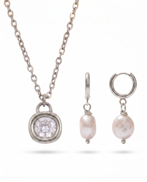 Zircon Pendant Necklace + Pete Mini Pearl Earrings Set – Silver