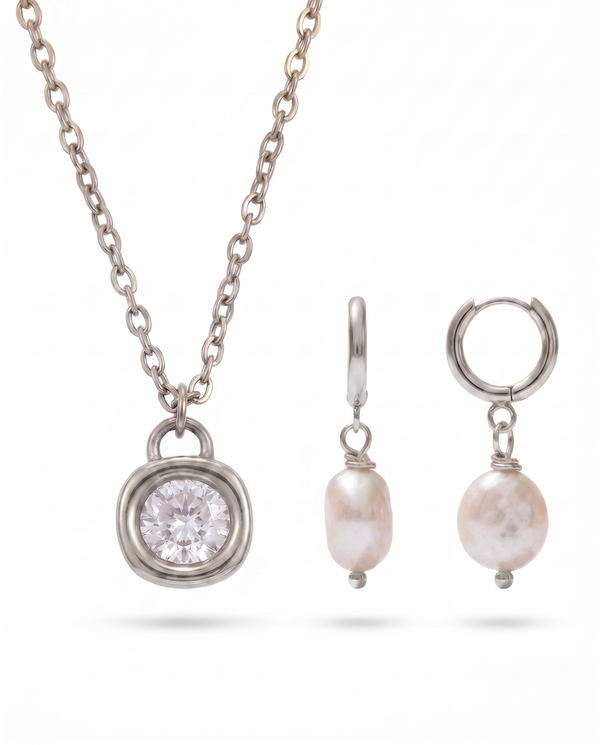 Zircon Pendant Necklace + Pete Mini Pearl Earrings Set – Silver