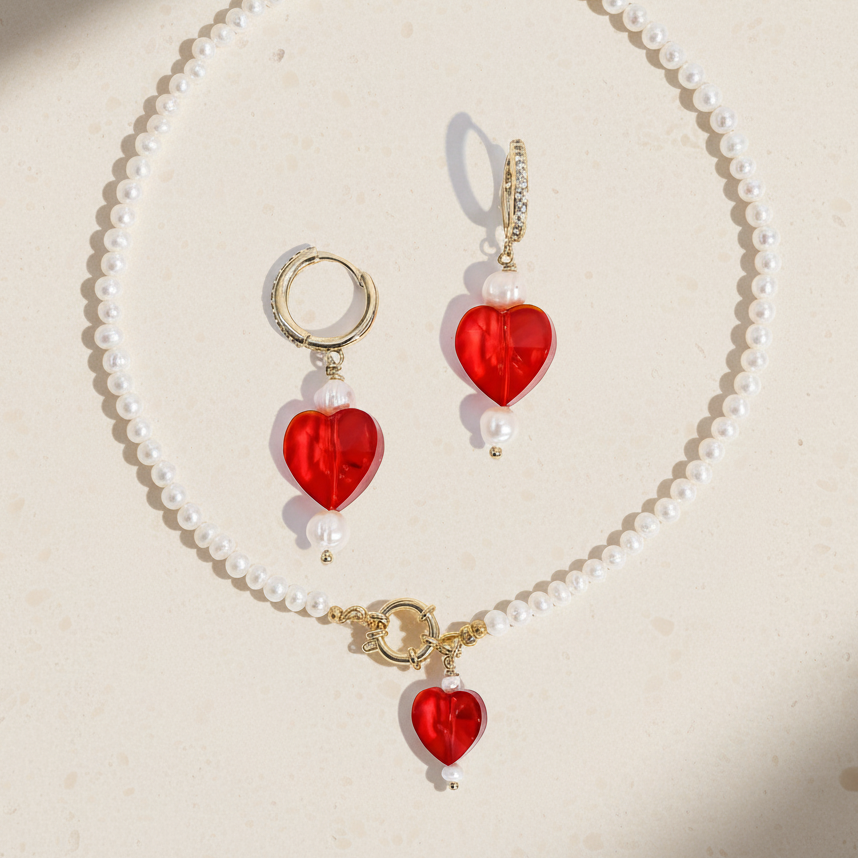 Kokoro Pearl Necklace & Heart Earrings Gift Set