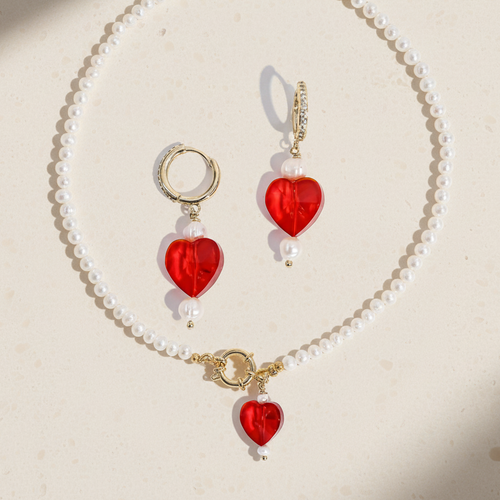Kokoro Pearl Necklace & Heart Earrings Gift Set