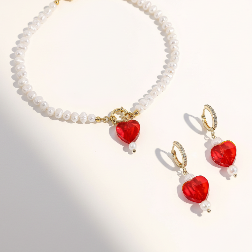 Kokoro Pearl Necklace & Heart Earrings Gift Set