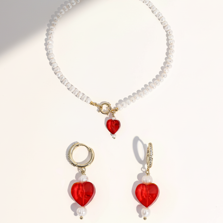 Kokoro Pearl Necklace & Heart Earrings Gift Set