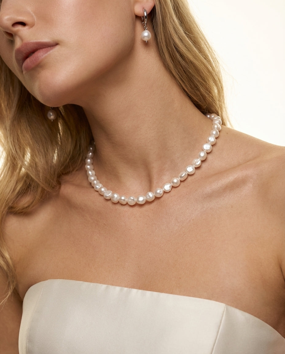 Pete Silver Pearl Bridal Necklace & Earrings Set
