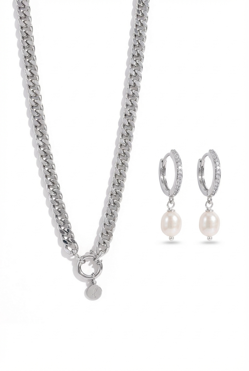Lisa Silver Necklace + Lou Pearl Earrings Set