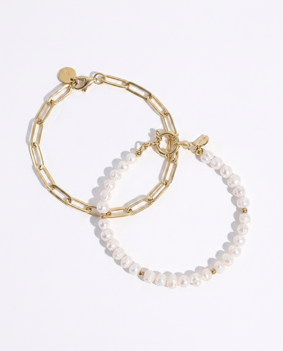 Mathilde & Anne Pearl Bracelet Set – 18K Gold, 2-Piece