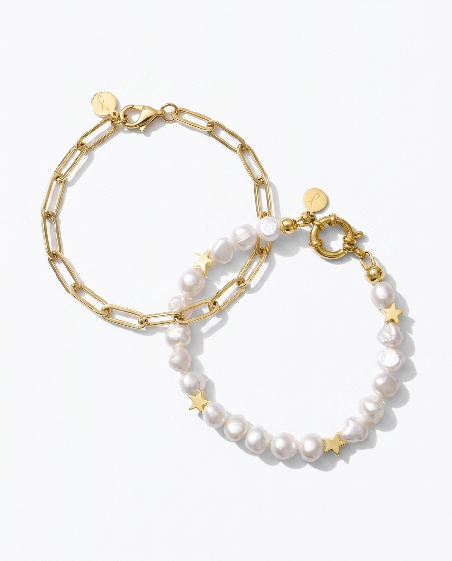 Twinkie & Anne Pearl Bracelet Set – 18K Gold, 2-Piece