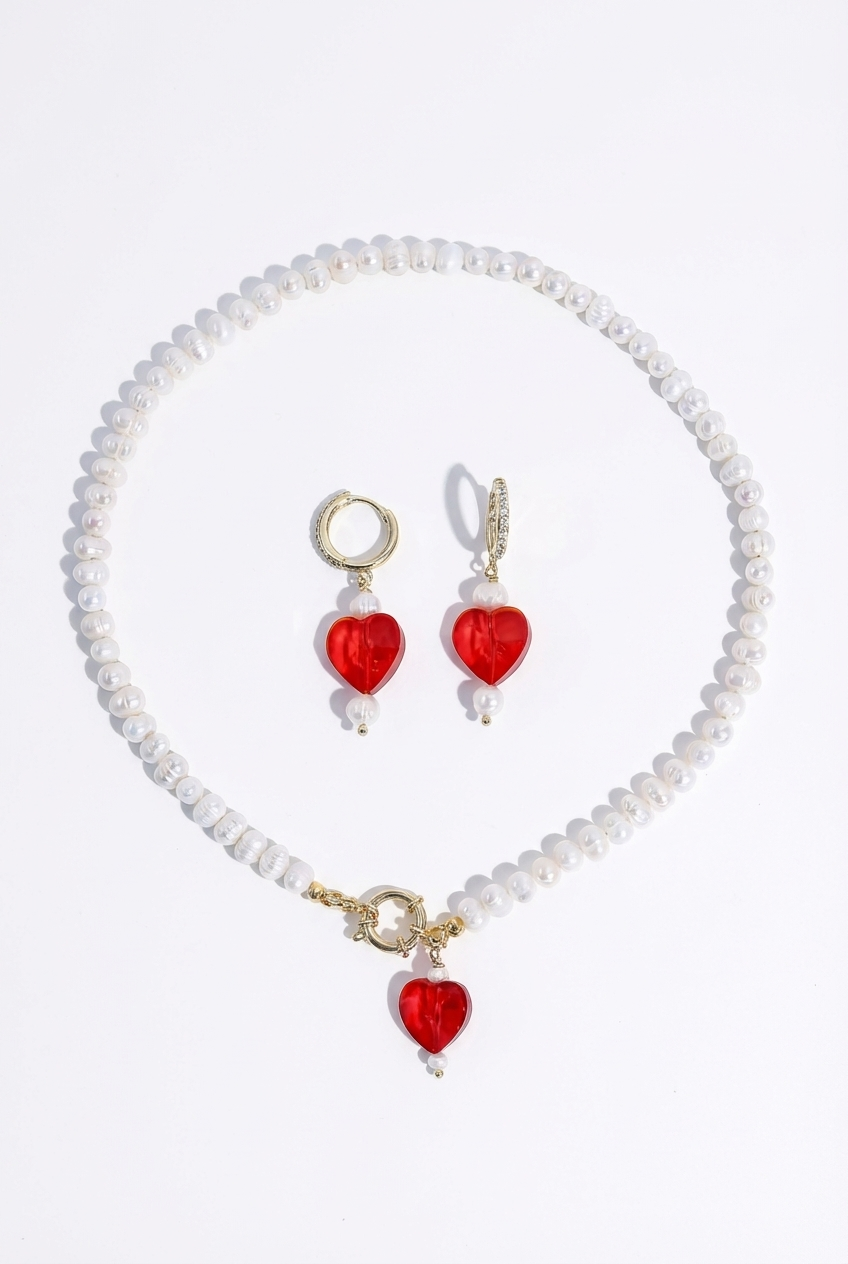 Kokoro Pearl Necklace & Heart Earrings Gift Set